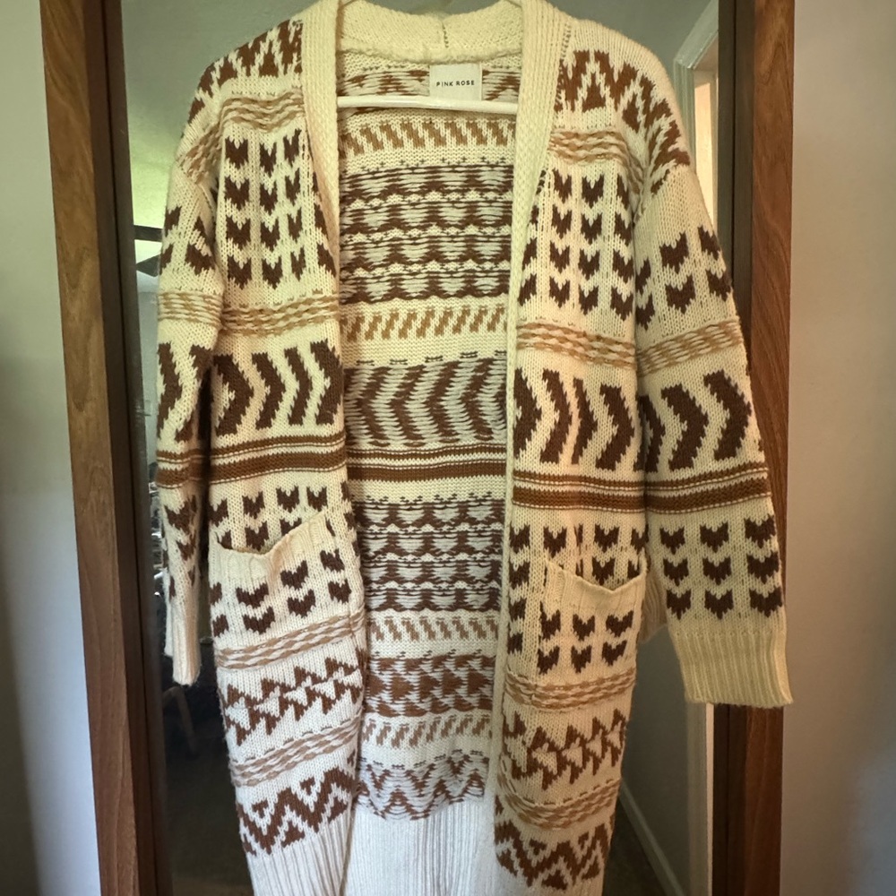 Pink Rose Cream and Brown Nordic Cardigan Sweater